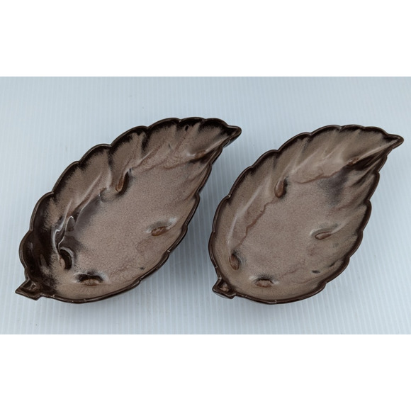 Frankoma Pottery Leaf Dish Snack Candy Nut Plate Set of 2 Plainsman Brown 225 - Picture 1 of 10